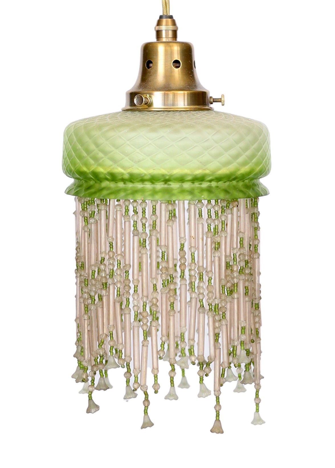 A 1920s French quilted glass light fitting with beaded fringe, height 30cm. width 15cm